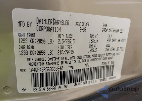 2006 Chrysler Town & Country z USA, uszkodzony, nr VIN 1A4GP45R56B662642